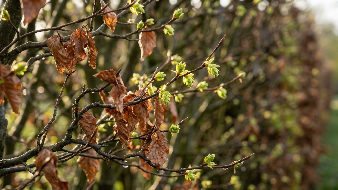 Si votre haie de hêtre porte encore ses vieilles feuilles en avril, vos nouveaux bourgeons sont en danger