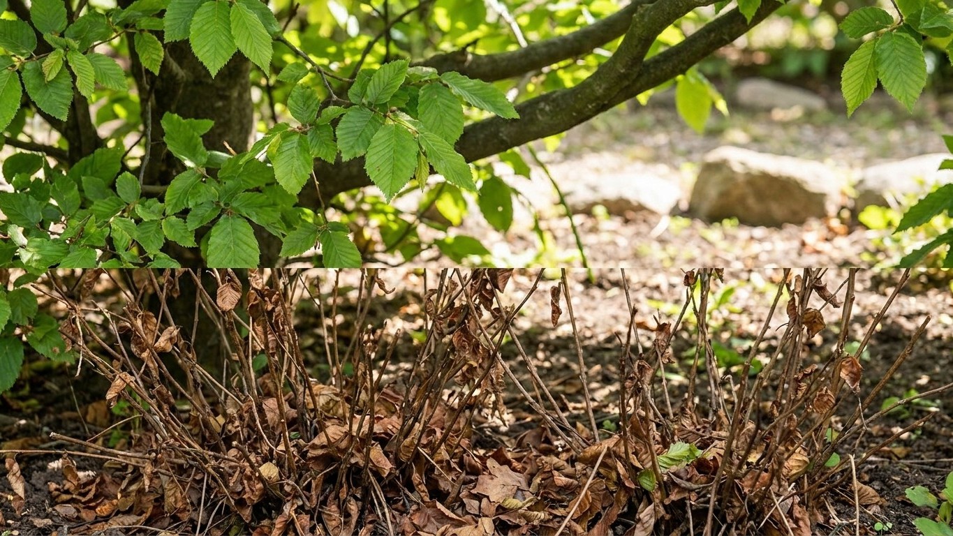 J'ai vidé mon seau d'eau de javel au pied de la charmille juste pour ne pas traverser le jardin : trois semaines plus tard...