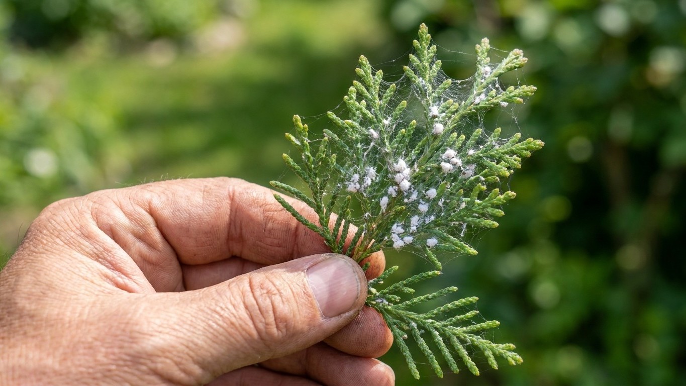 Ma haie de thuyas grise depuis la fin de l'été : le jour où j'ai écarté les rameaux à la main, j'ai vu ce qui s'était inst...