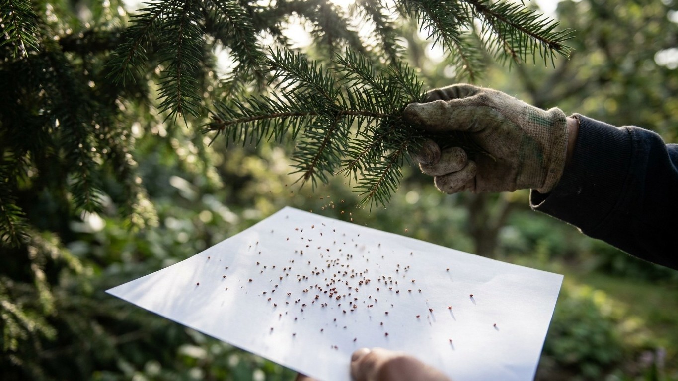 Mon voisin glisse toujours une feuille de papier blanc sous les rameaux de ses conifères à la fin de l'été et ce n'est pas...