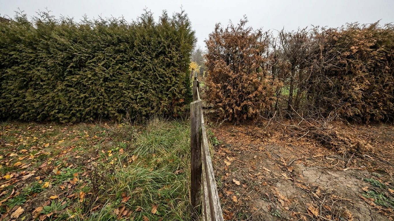 Deux voisins alignent la même haie de thuyas au fond du jardin le même automne : un seul reçoit la facture de réfection, a...