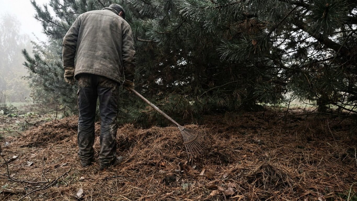 Les élagueurs ne passent jamais le souffleur sous un pin de brise-vue à l'automne : ce qu'il met en l'air ne se voit même pas